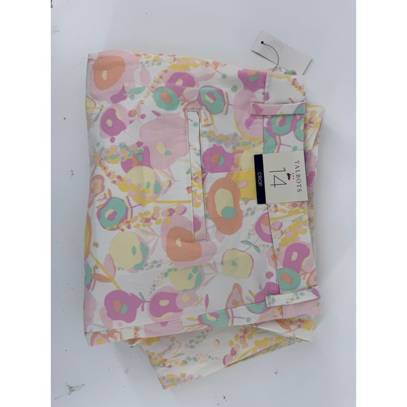 Talbots Crop Pants Women 14 Floral Print Pink Yellow Mint Green flattering New - Picture 12 of 14
